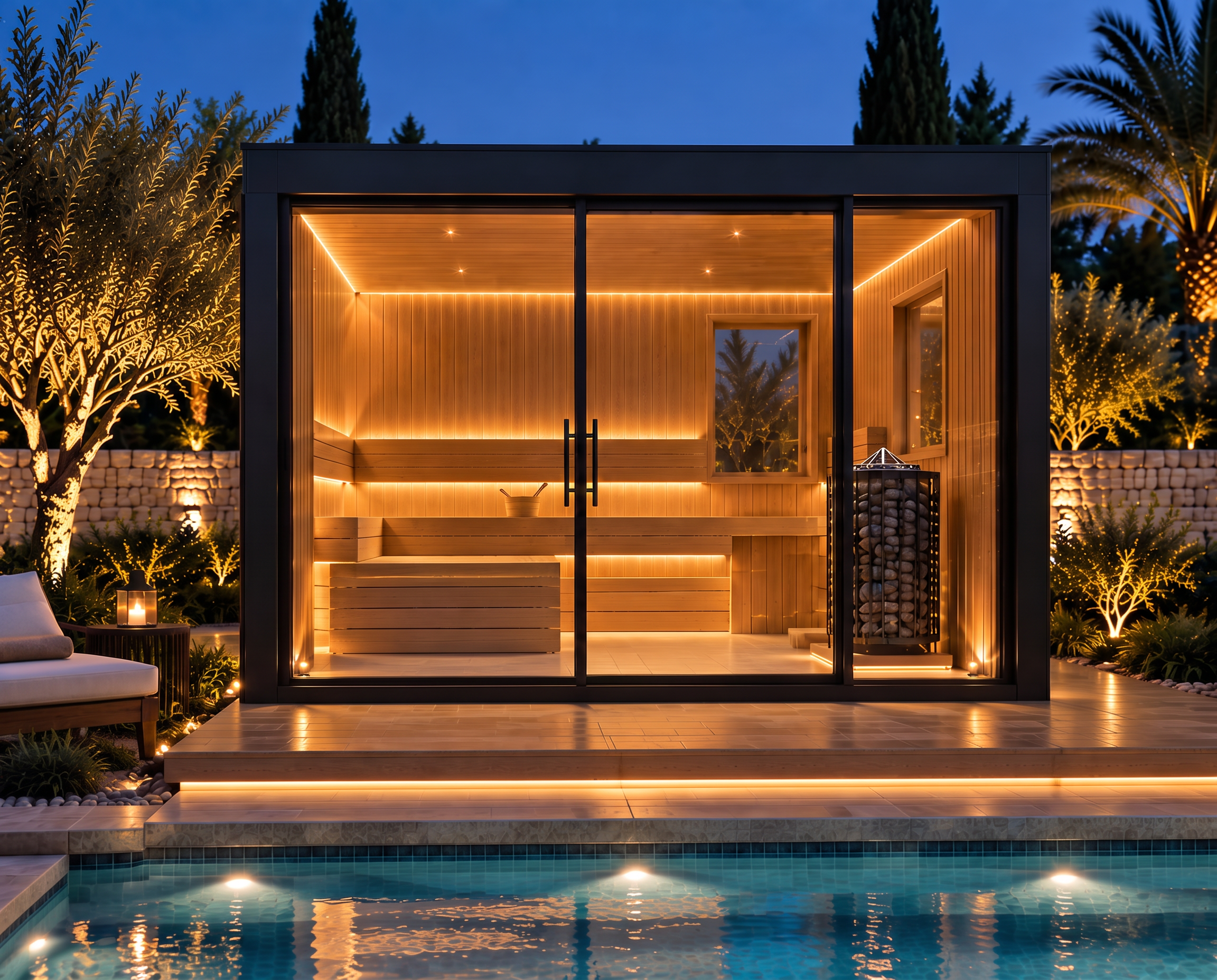 Glass-fronted private sauna lit at dusk beside a villa pool in Cyprus
